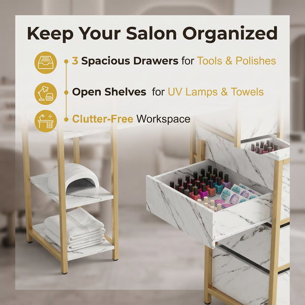 Premium Luxury White Marble & Gold Manicure Table Desk