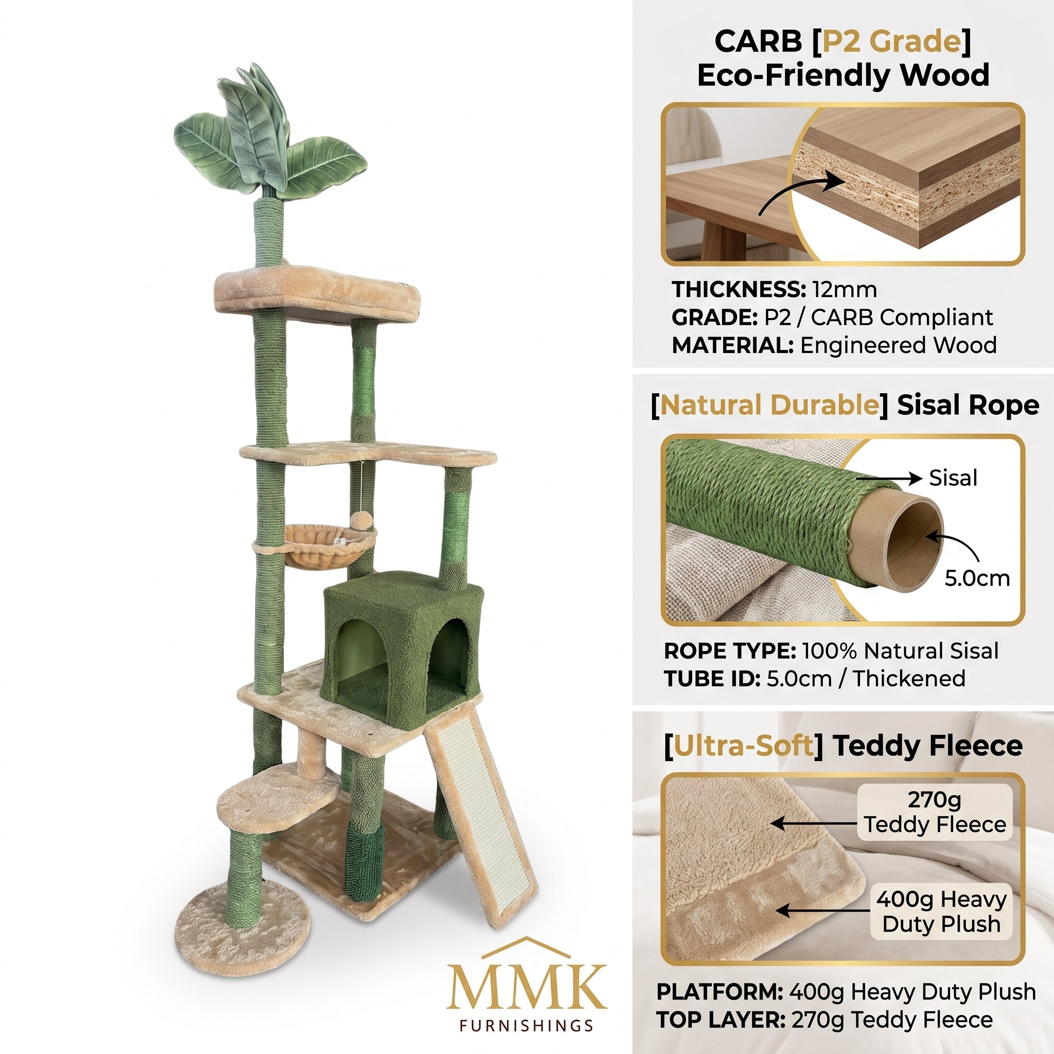 Premium Multi-Level Tropical Palm Tree Cat Tower with Teddy Fleece Condo