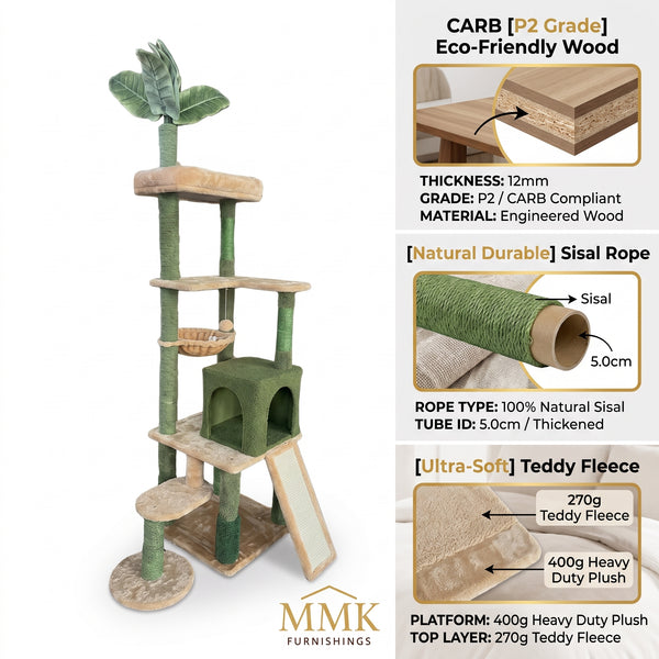 Premium Multi-Level Tropical Palm Tree Cat Tower with Teddy Fleece Condo