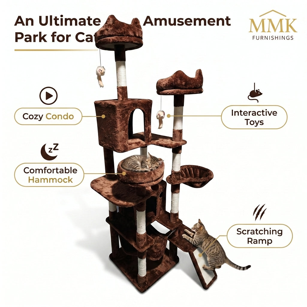 Premium Multi-Level Brown Plush Cat Tree with Sisal Scratching Posts & Condos