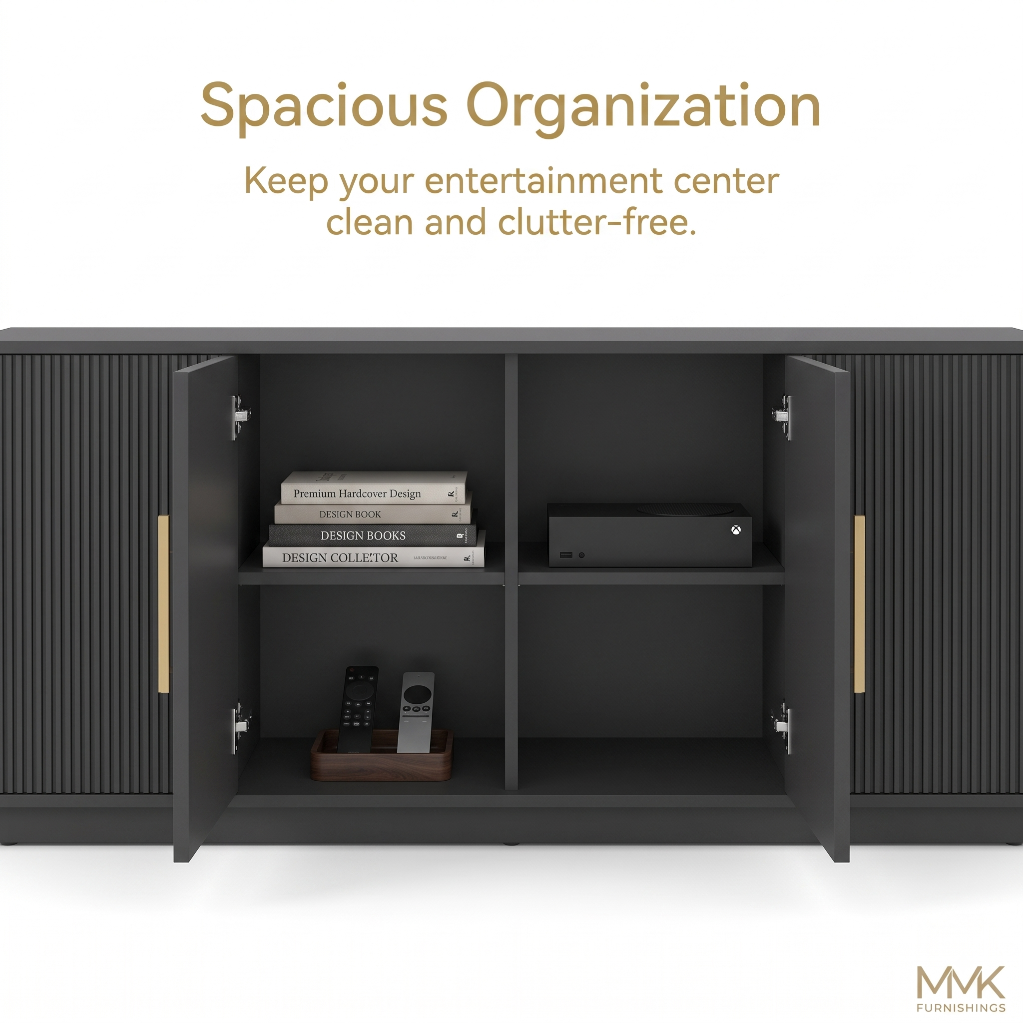 MMK FURNISHINGS Modern Fluted TV Stand with Gold Handles, Black Ribbed Wood Media Console & Entertainment Center