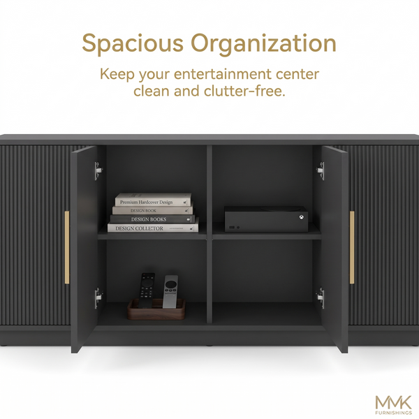 MMK FURNISHINGS Modern Fluted TV Stand with Gold Handles, Black Ribbed Wood Media Console & Entertainment Center