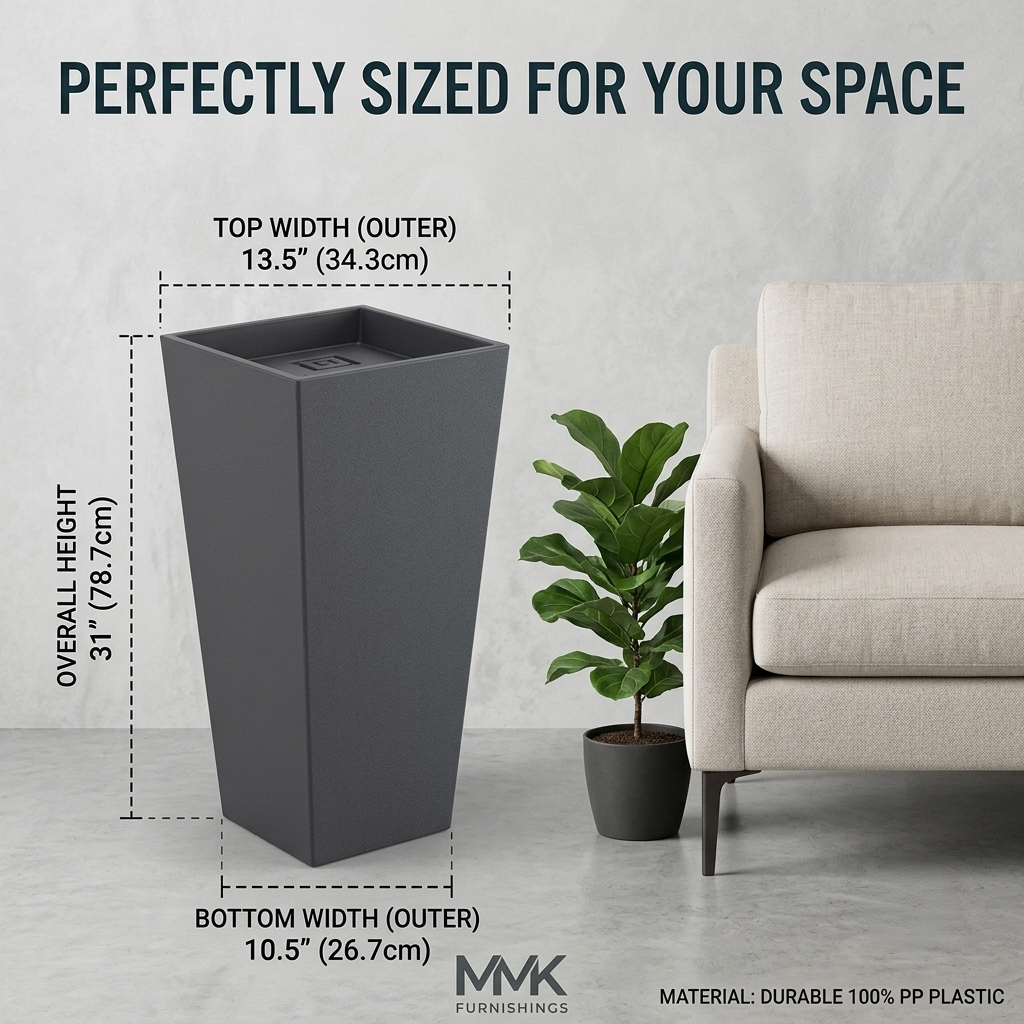 Modern Tall Square Plastic Planter - Premium Lightweight Indoor/Outdoor Flower Pot