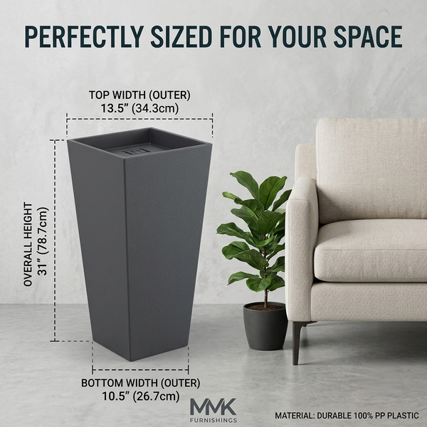 Modern Tall Square Plastic Planter - Premium Lightweight Indoor/Outdoor Flower Pot