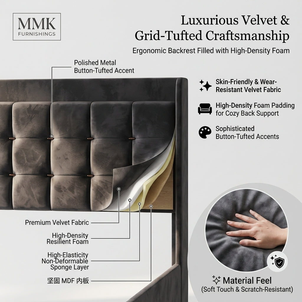 MMK FURNISHINGS Queen Velvet Platform Bed Frame – 4 Under-Bed Drawers