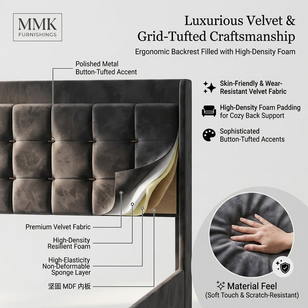 MMK FURNISHINGS Queen Velvet Platform Bed Frame – 4 Under-Bed Drawers