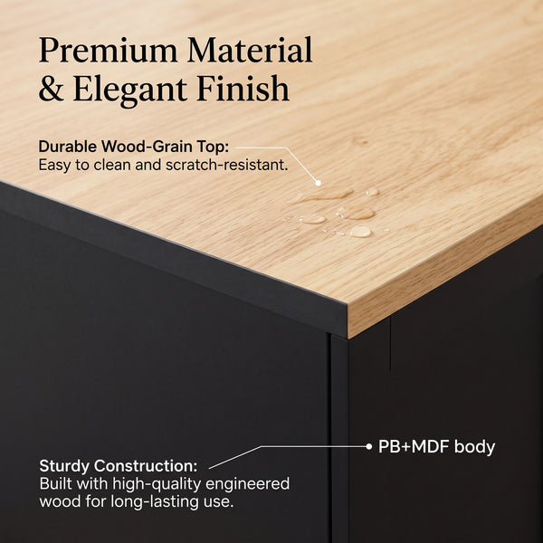 Black Sideboard Buffet Cabinet with Natural Wood-Grain Top and Silver Handles