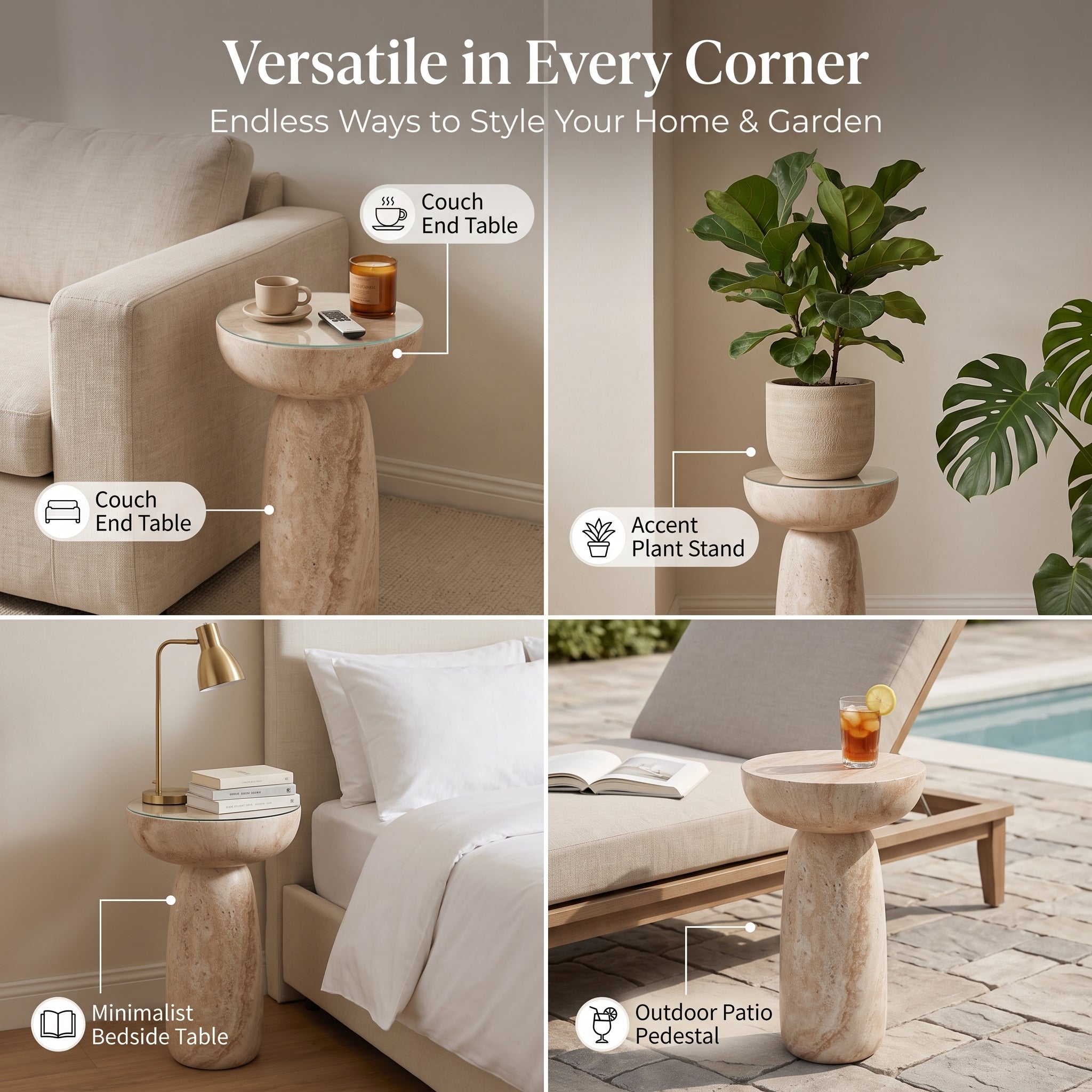 MMK FURNISHINGS 27" Modern Travertine End Table for Indoor & Outdoor