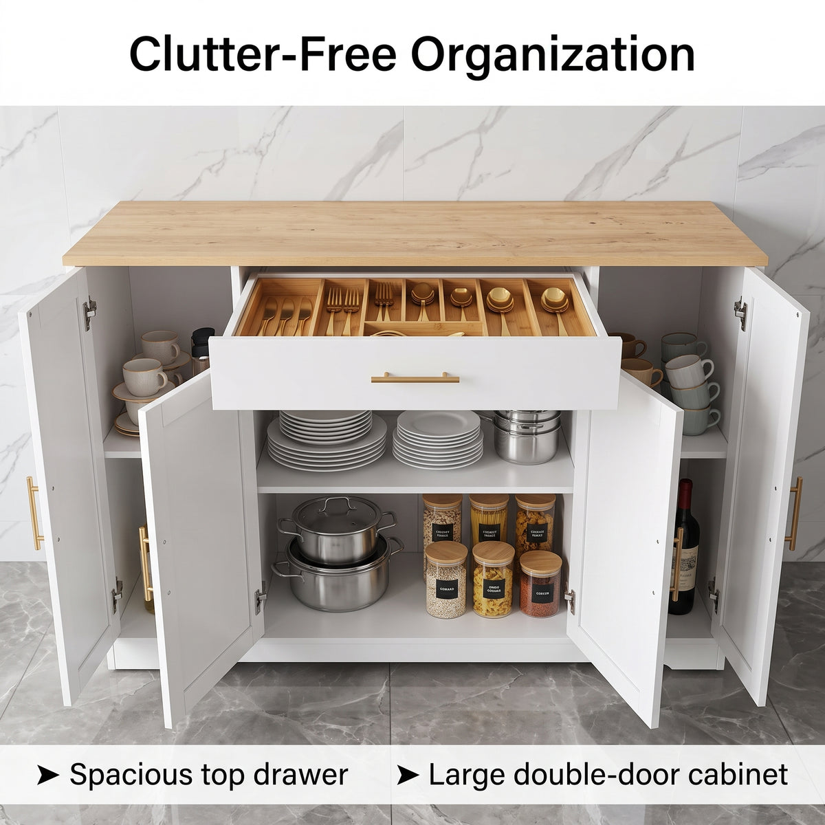 MMK FURNISHINGS Modern White Buffet Cabinet with Wood Top & Gold Hardware, Freestanding Storage Sideboard for Kitchen & Dining Room