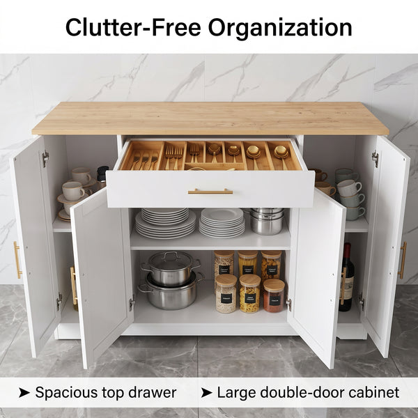 MMK FURNISHINGS Modern White Buffet Cabinet with Wood Top & Gold Hardware, Freestanding Storage Sideboard for Kitchen & Dining Room
