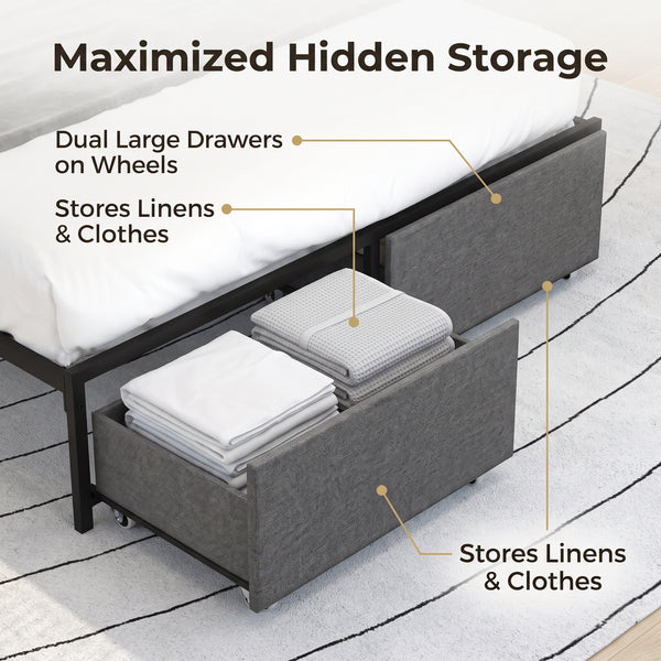 Full Size Upholstered Platform Bed Frame with LED Lights, Storage Headboard & Charging Station
