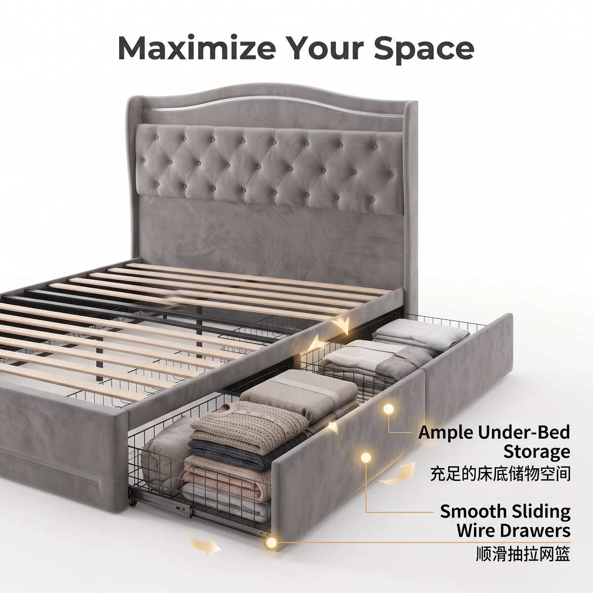 Luxury Tufted Velvet Upholstered Platform Bed Frame with Storage Drawer - Grey