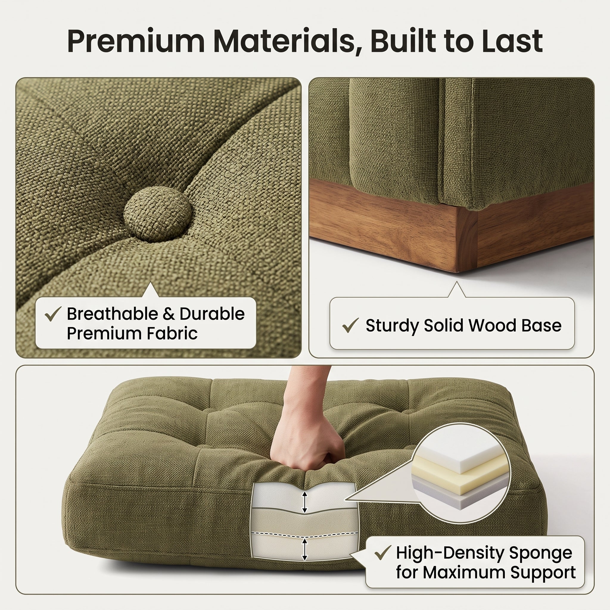 Modern Olive Green Tufted Fabric Sofa with Solid Wood Base
