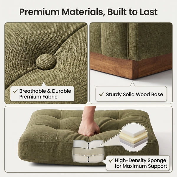 Modern Olive Green Tufted Fabric Sofa with Solid Wood Base