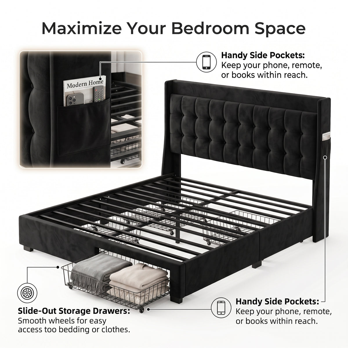 MMK FURNISHINGS Upholstered Velvet Platform Bed Frame with Tufted Headboard & Storage Drawers, Black