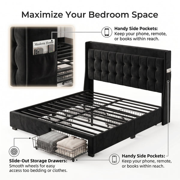 MMK FURNISHINGS Upholstered Velvet Platform Bed Frame with Tufted Headboard & Storage Drawers, Black