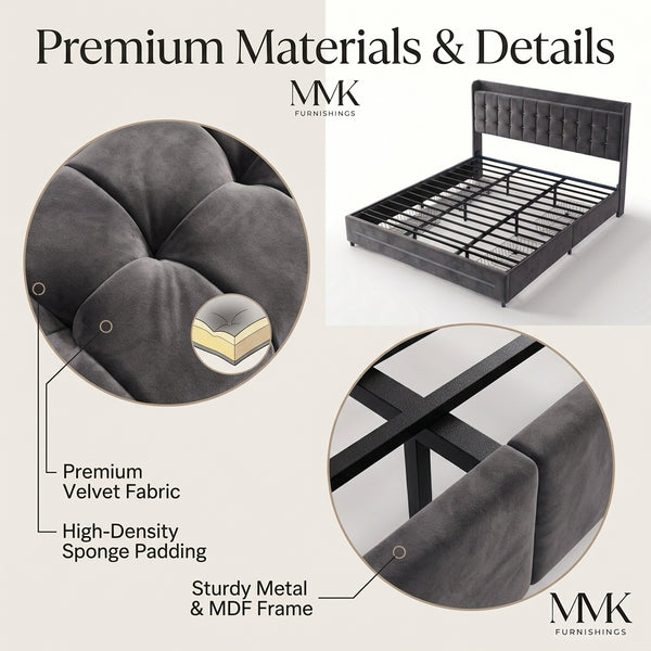 MMK FURNISHINGS Modern Velvet Upholstered Platform Bed Frame with Storage Baskets, Button Tufted Headboard (No Box Spring Needed)