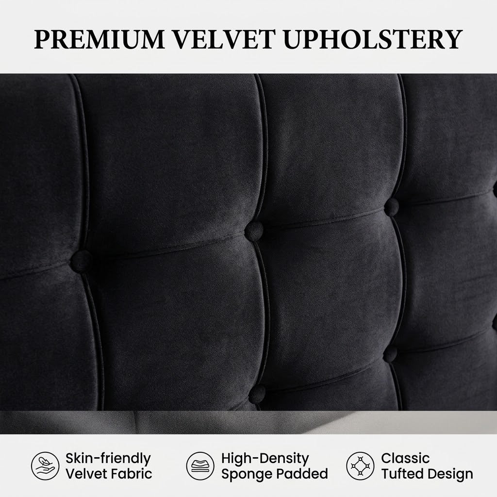 Premium Black Velvet Upholstered Platform Bed Frame with 4 Storage Drawers & Tufted Headboard