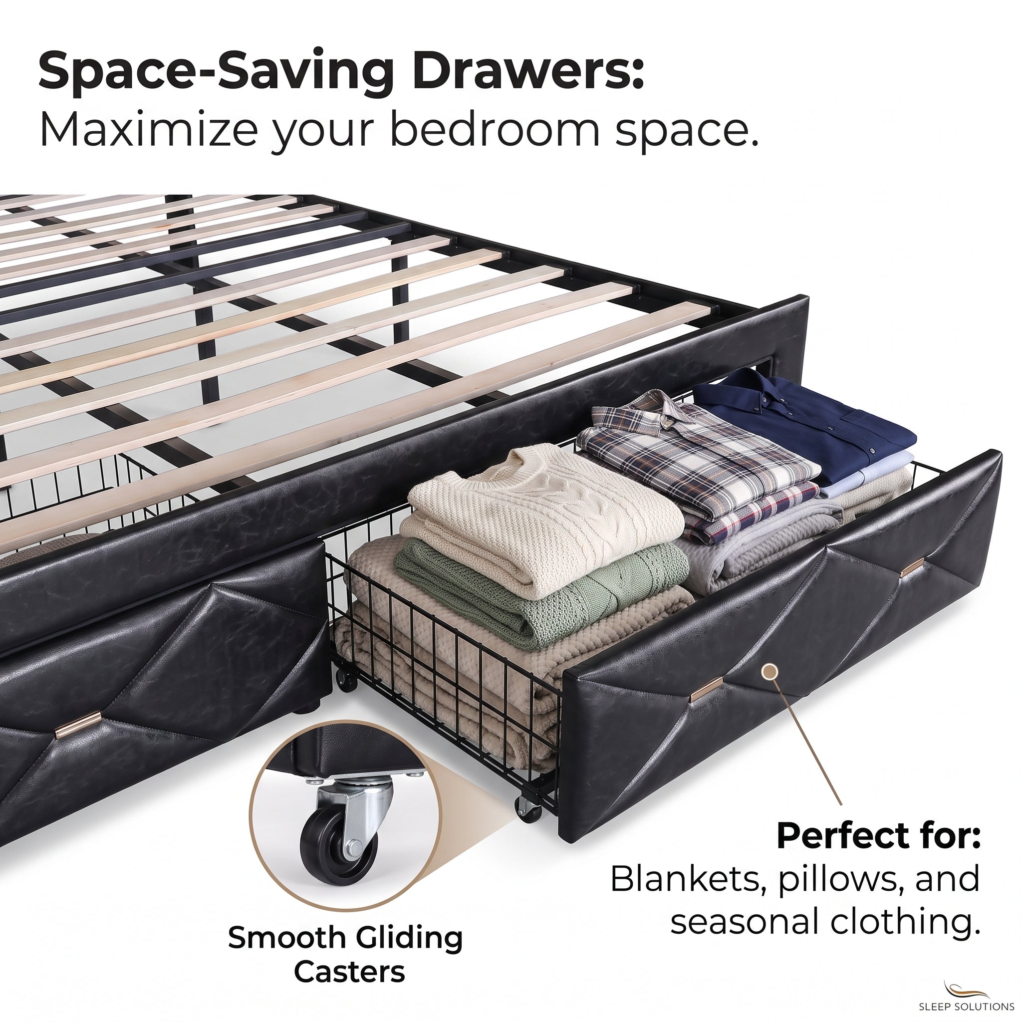 MMK FURNISHINGS Modern Diamond-Tufted PU Leather Platform Bed Frame with Storage Headboard & Under-Bed Drawers