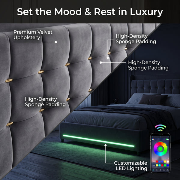 MMK Modern Velvet Bed Frame with LED & Storage