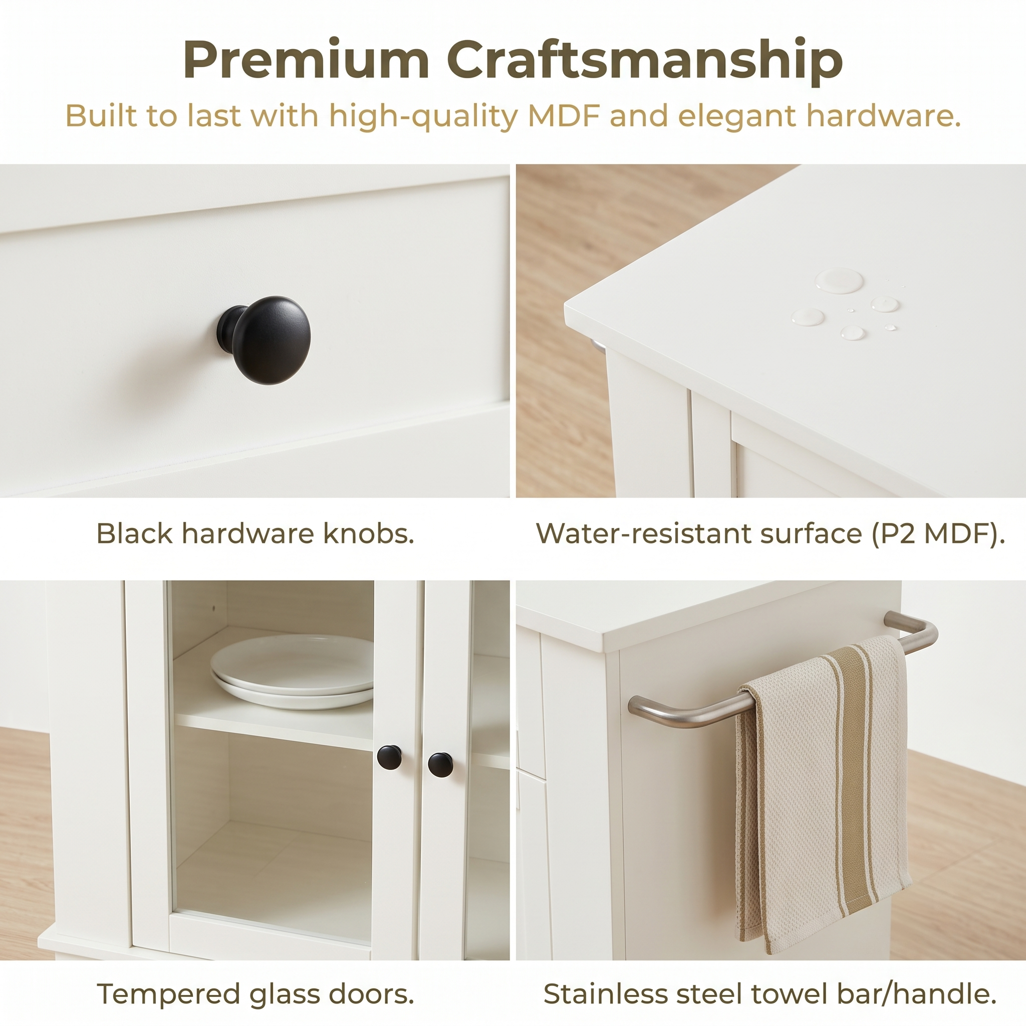 Premium Large White Kitchen Island & Buffet Sideboard with Glass Display Doors