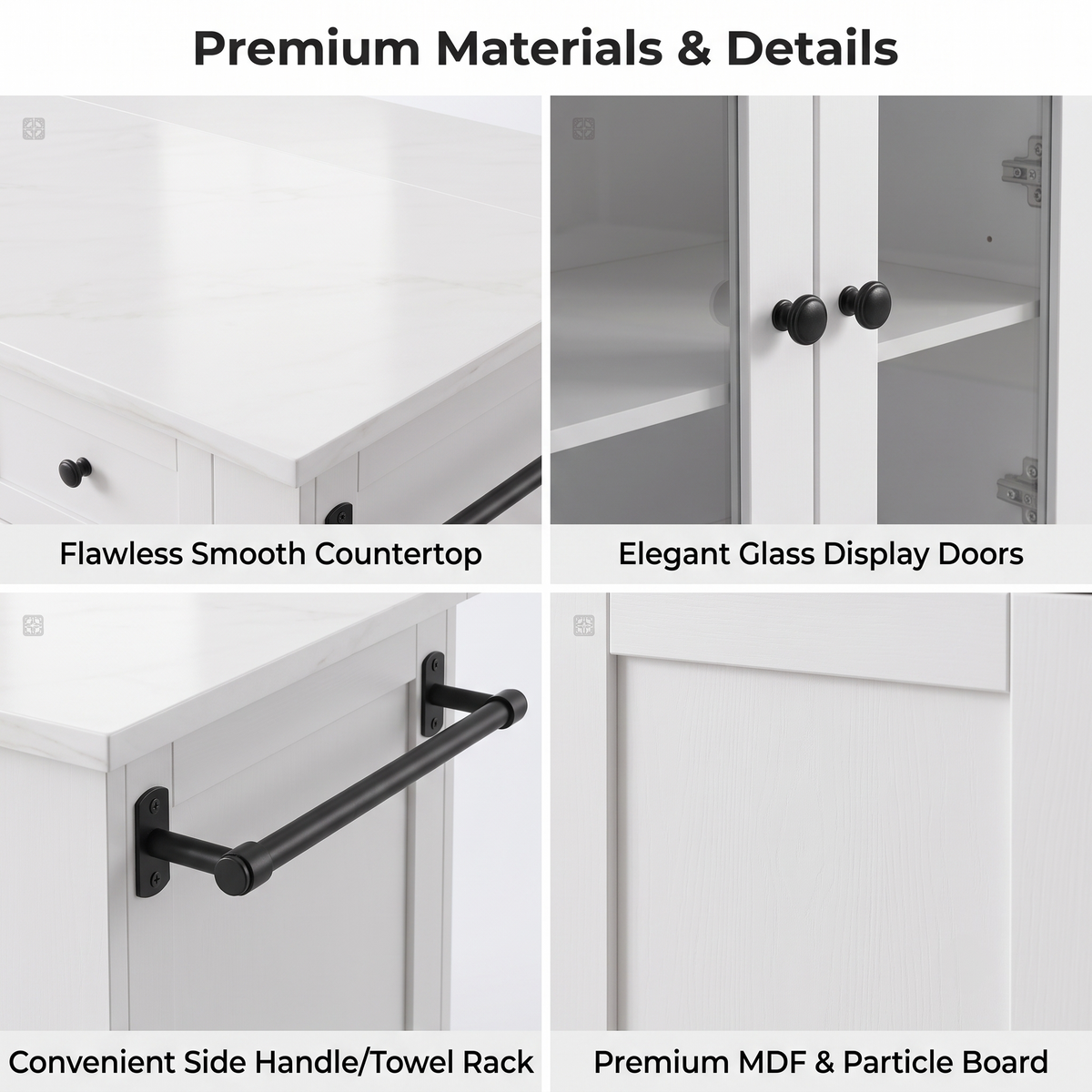 Premium Modern White Kitchen Island & Storage Sideboard with Glass Display Doors