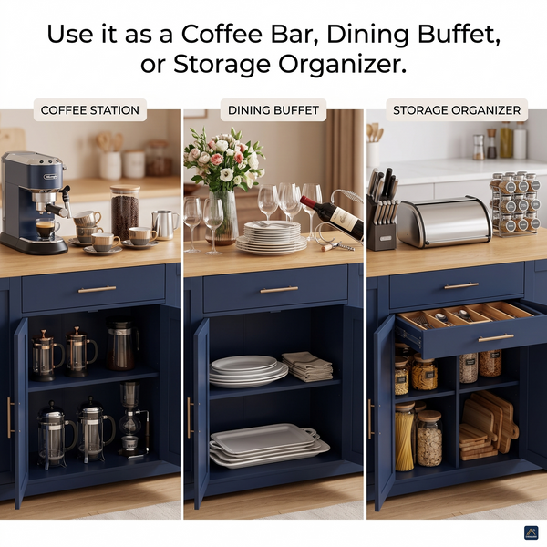 Premium Modern Navy Blue Storage Cabinet & Kitchen Sideboard with Gold Hardware