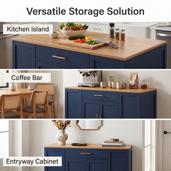 Premium Compact Modern Navy Blue Storage Cabinet & Kitchen Buffet with Gold Hardware