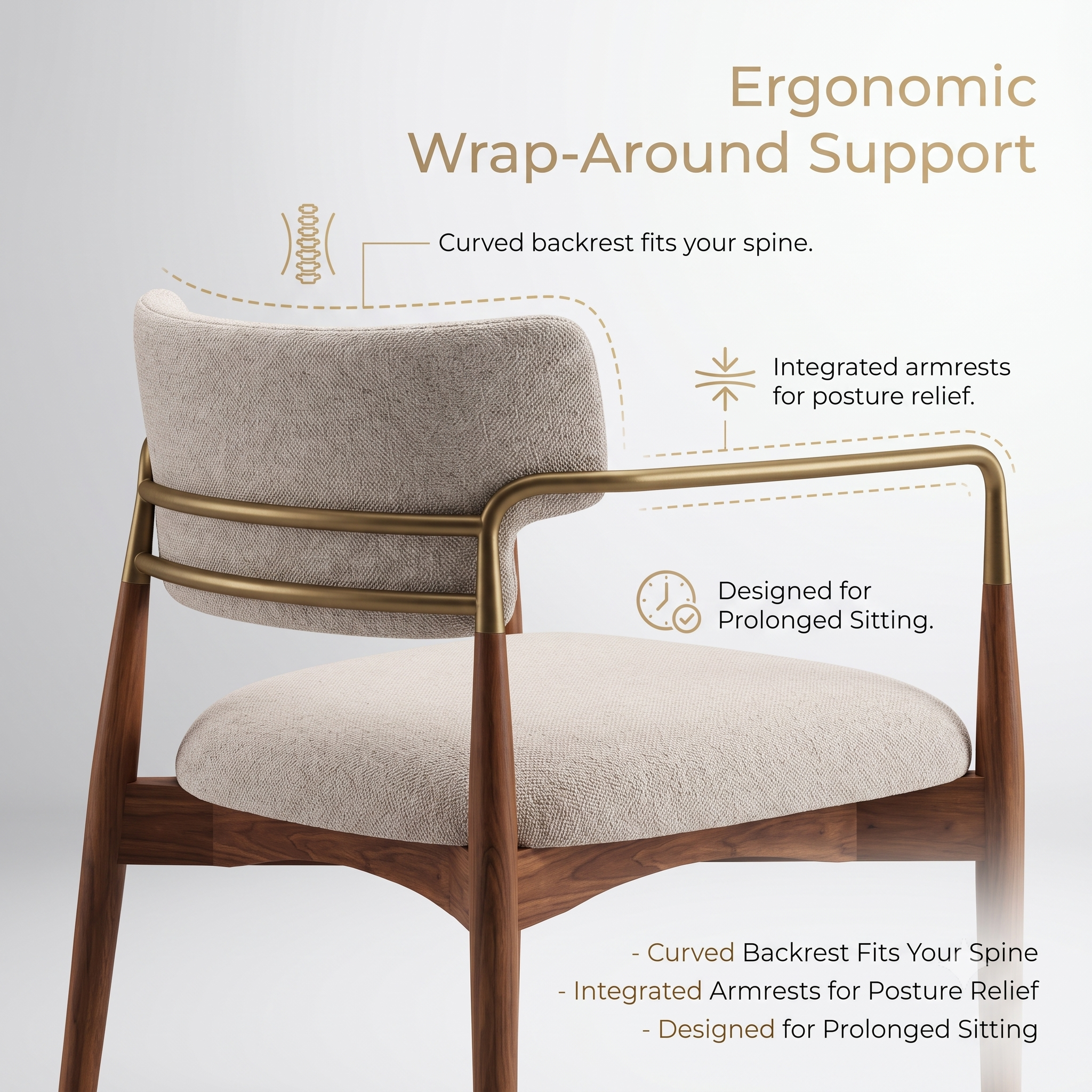 Premium Mid-Century Modern Dining Chair with Solid Ash Wood & Brass-Tone Metal