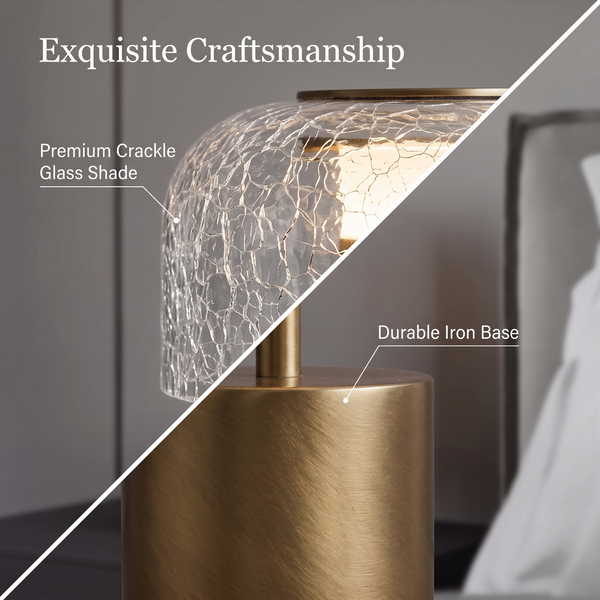 Modern Iron & Crackle Glass Desk Lamp in Brushed Brass