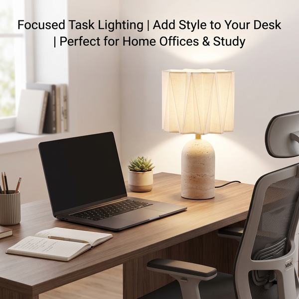 Modern Japandi Travertine Stone Desk Lamp with Pleated Fabric Shade