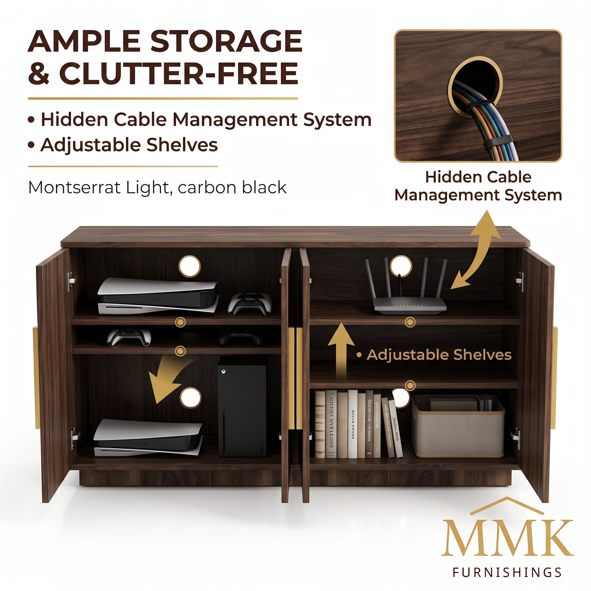 Premium Modern Fluted Walnut TV Stand & Media Console with Gold Hardware
