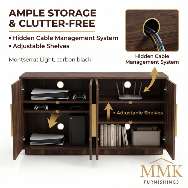 Premium Modern Fluted Walnut TV Stand & Media Console with Gold Hardware