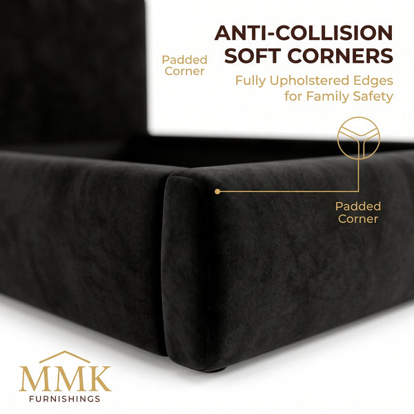 Premium King Completely Upholstered Lift-Up Storage Bed with Curved Headboard - Black