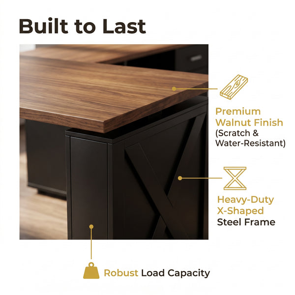 Premium 55" Two-Tone Farmhouse L-Shaped Standing Desk with Lift Mechanism & Storage