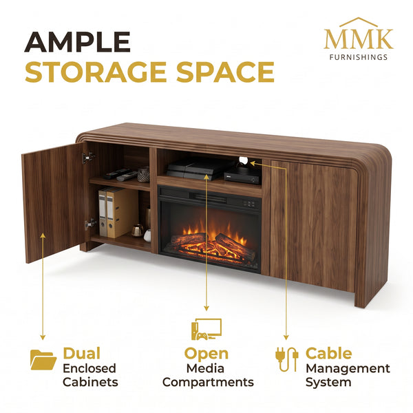 Premium Mid-Century Modern Walnut TV Stand with Built-In Electric Fireplace & Fluted Doors
