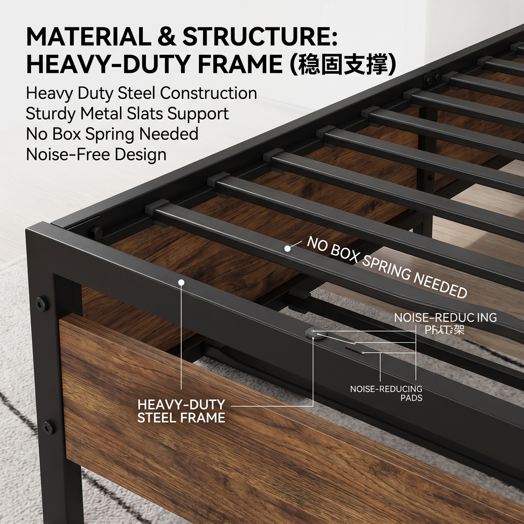 Modern Rustic Full Size Upholstered Bed Frame with LED Lights, Charging Station & 2 Storage Drawers