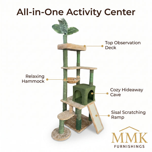 Premium Multi-Level Tropical Palm Tree Cat Tower with Teddy Fleece Condo