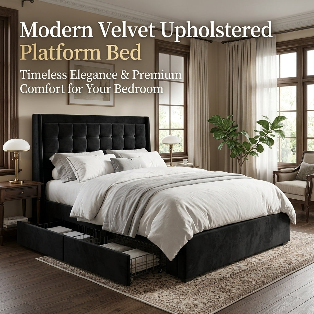 Modern Black Velvet Upholstered Platform Bed Frame with Tufted Headboard & Storage Drawers