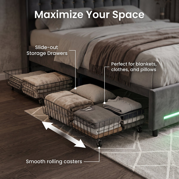 MMK Modern Velvet Bed Frame with LED & Storage