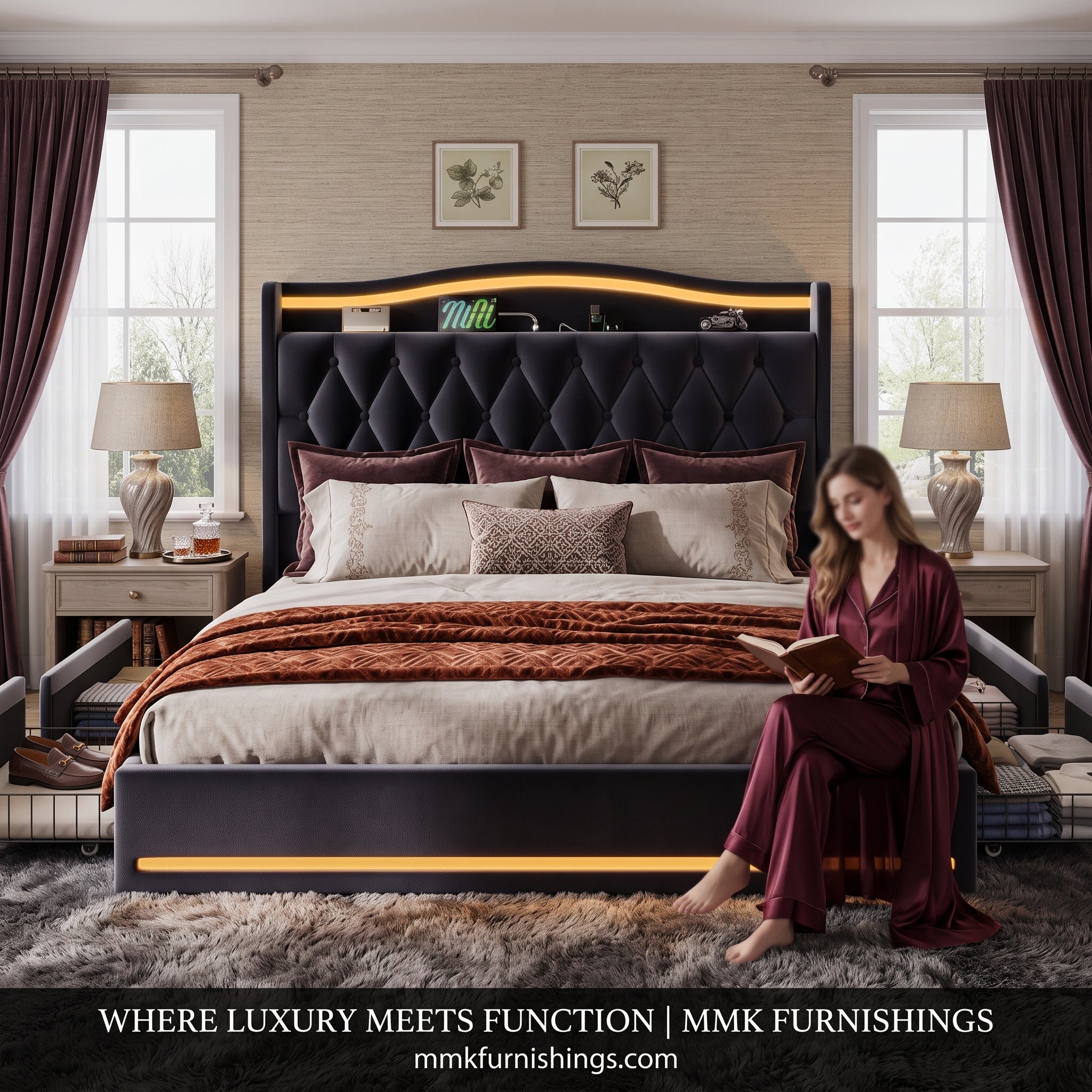 Luxurious Velvet Upholstered Platform Bed Frame with LED Lighting, Tufted Headboard, and Storage Drawers