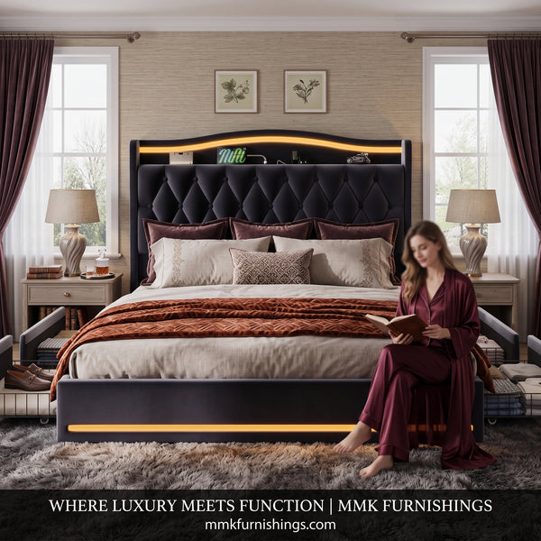 Luxurious Velvet Upholstered Platform Bed Frame with LED Lighting, Tufted Headboard, and Storage Drawers