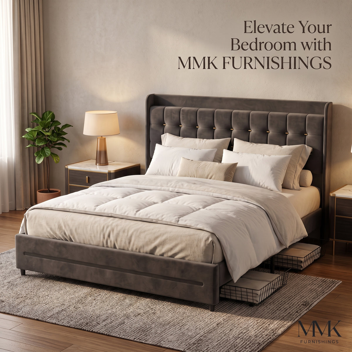 MMK FURNISHINGS Modern Velvet Upholstered Platform Bed Frame with Storage Baskets, Button Tufted Headboard (No Box Spring Needed)