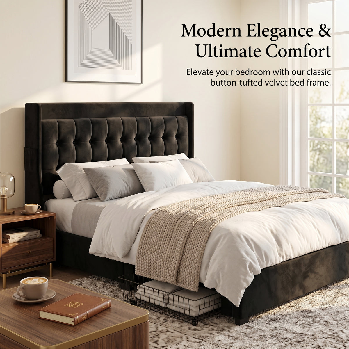 MMK FURNISHINGS Modern Black Velvet Upholstered Bed Frame with Storage Drawers & Tufted Headboard