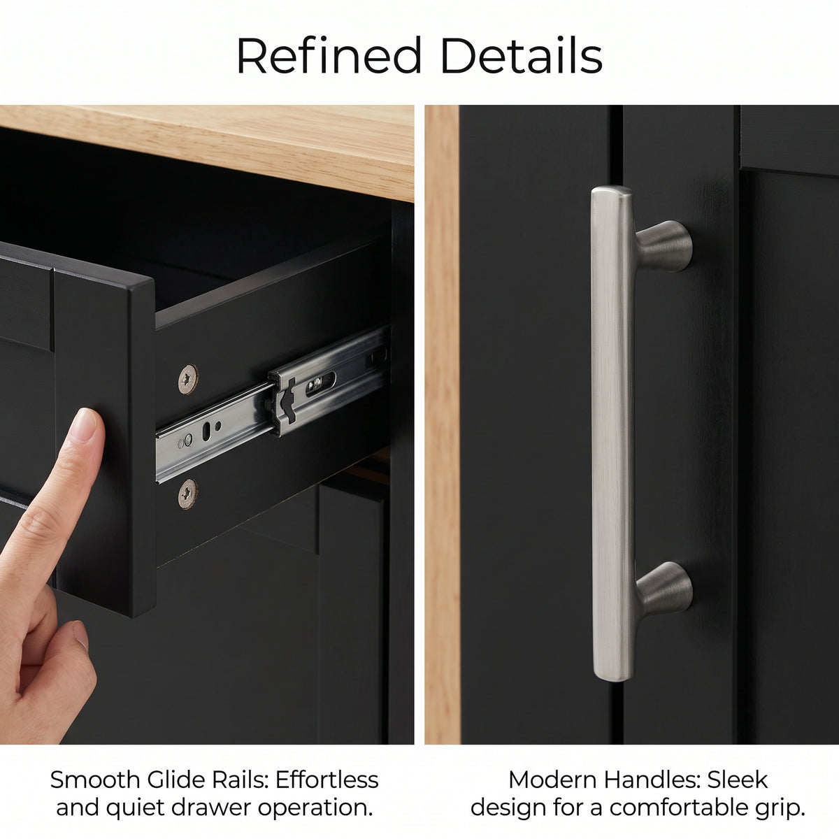 Black Sideboard Buffet Cabinet with Natural Wood-Grain Top and Silver Handles