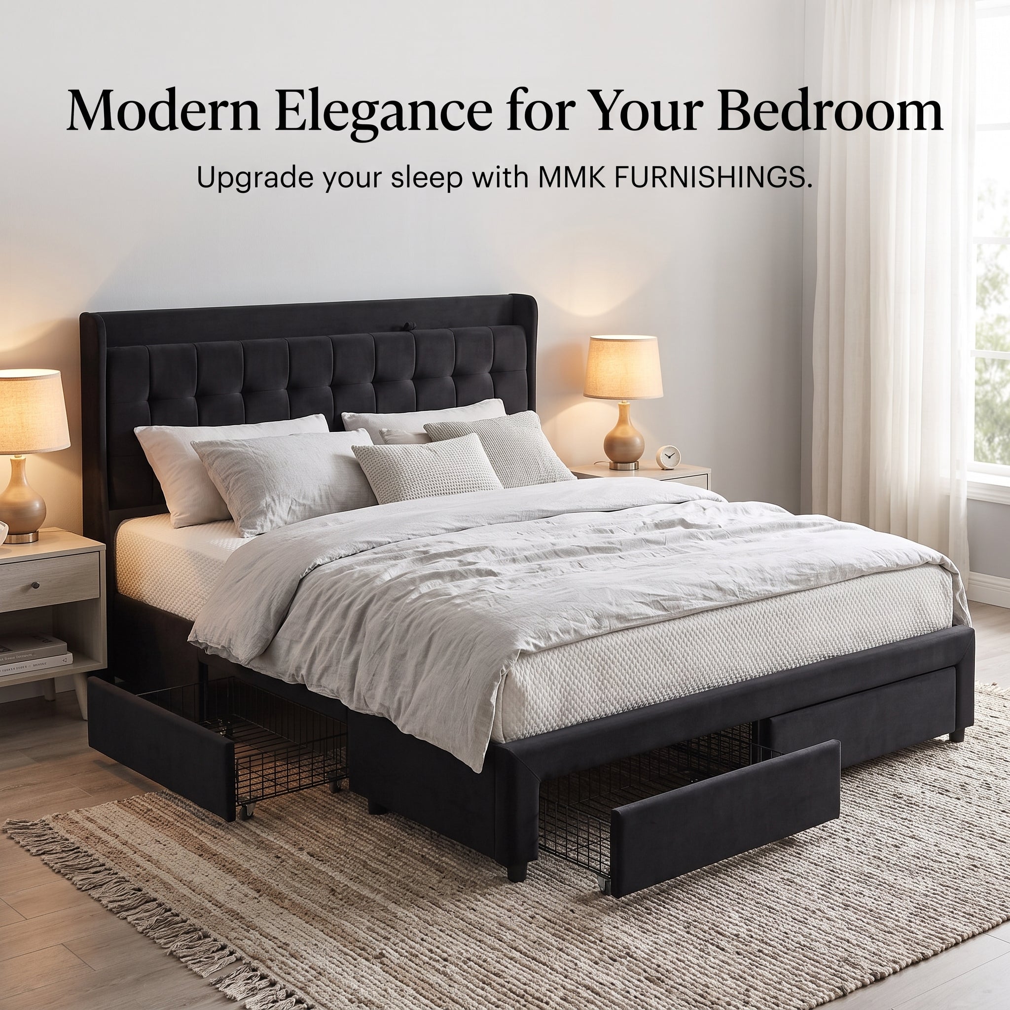 Premium Black Velvet Upholstered Platform Bed Frame with 4 Storage Drawers & Tufted Headboard