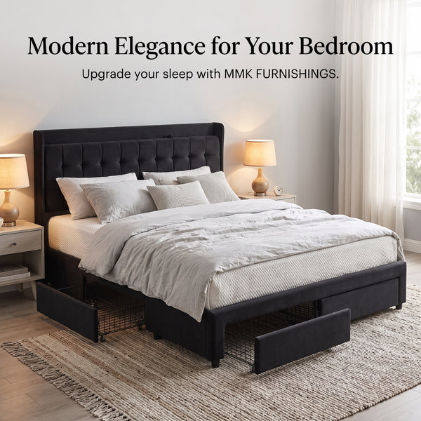 Premium Black Velvet Upholstered Platform Bed Frame with 4 Storage Drawers & Tufted Headboard