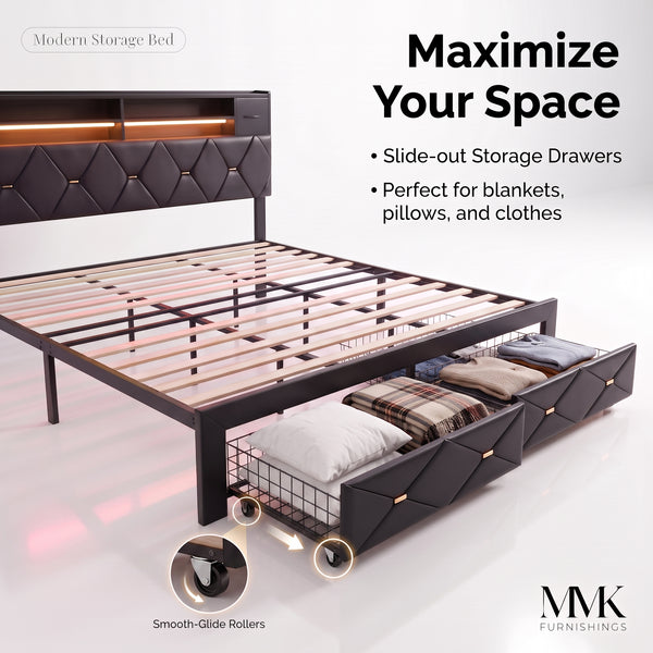 MMK FURNISHINGS Modern Upholstered Platform Bed Frame with LED Lights & Storage Drawers, Faux Leather Tufted Headboard, No Box Spring Needed, Black