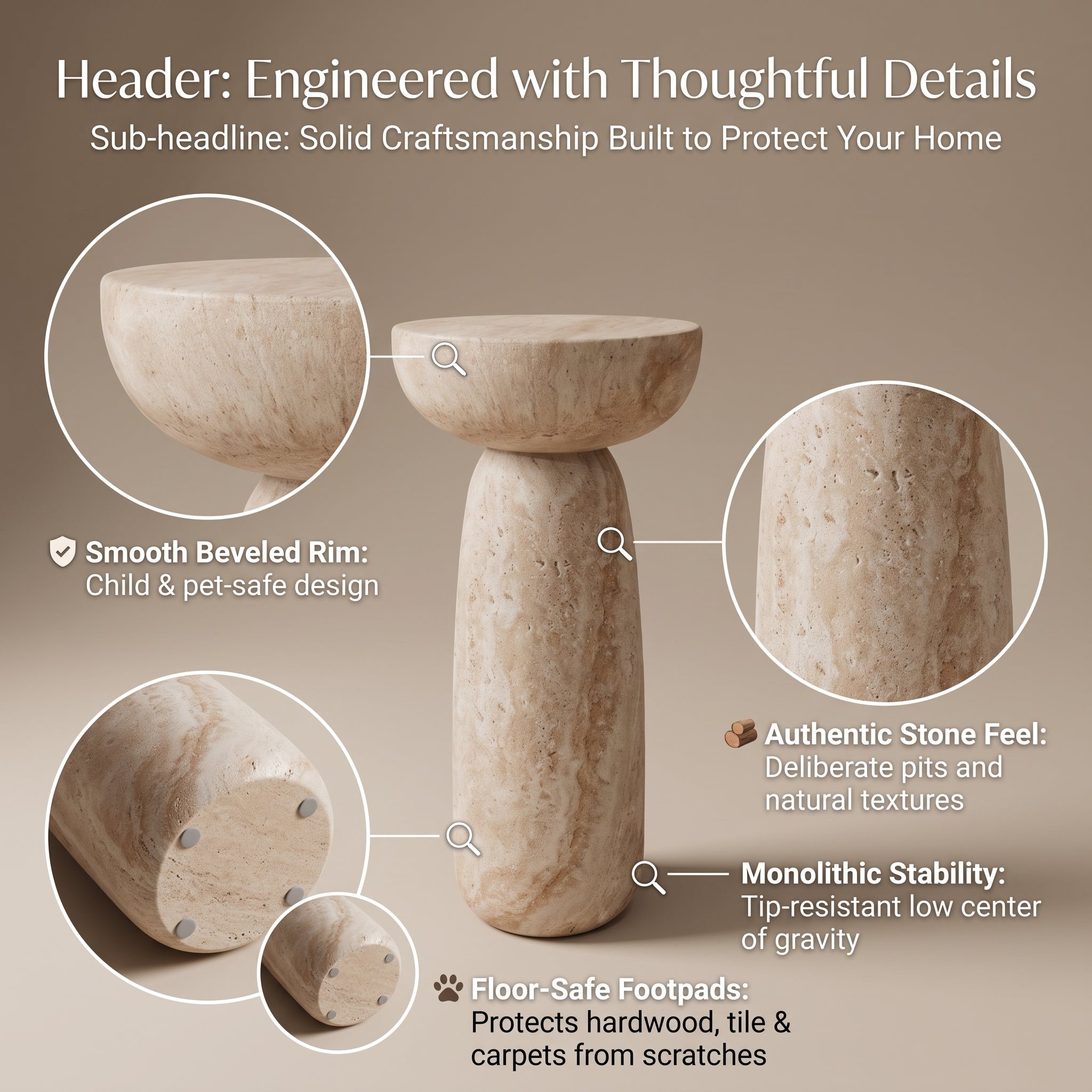 MMK FURNISHINGS 27" Modern Travertine End Table for Indoor & Outdoor