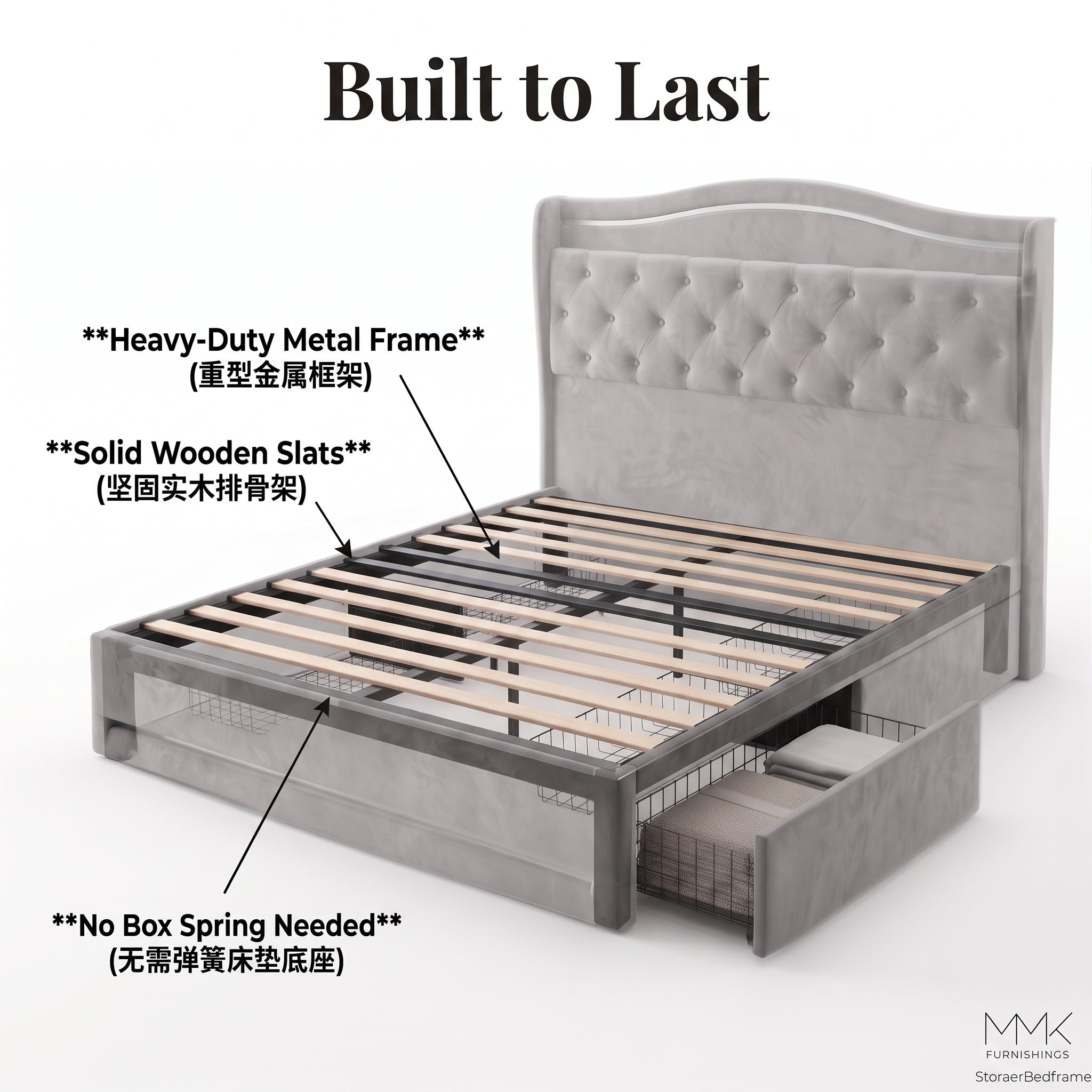 Luxury Tufted Velvet Upholstered Platform Bed Frame with Storage Drawer - Grey